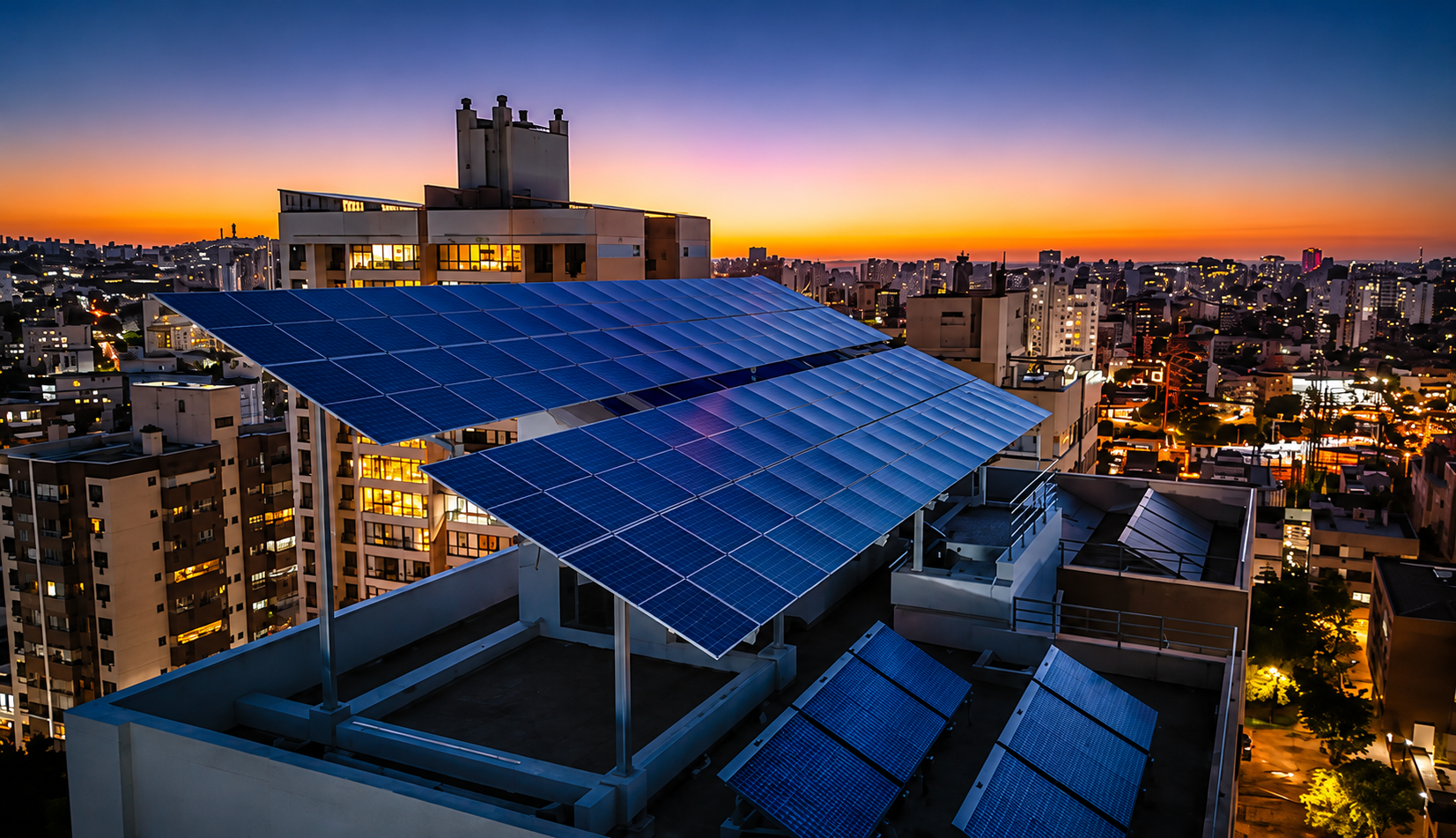 Sistema fotovoltaico na cobertura do IDEA Dário Pederneiras ao entardecer, sobre a paisagem urbana de Porto Alegre